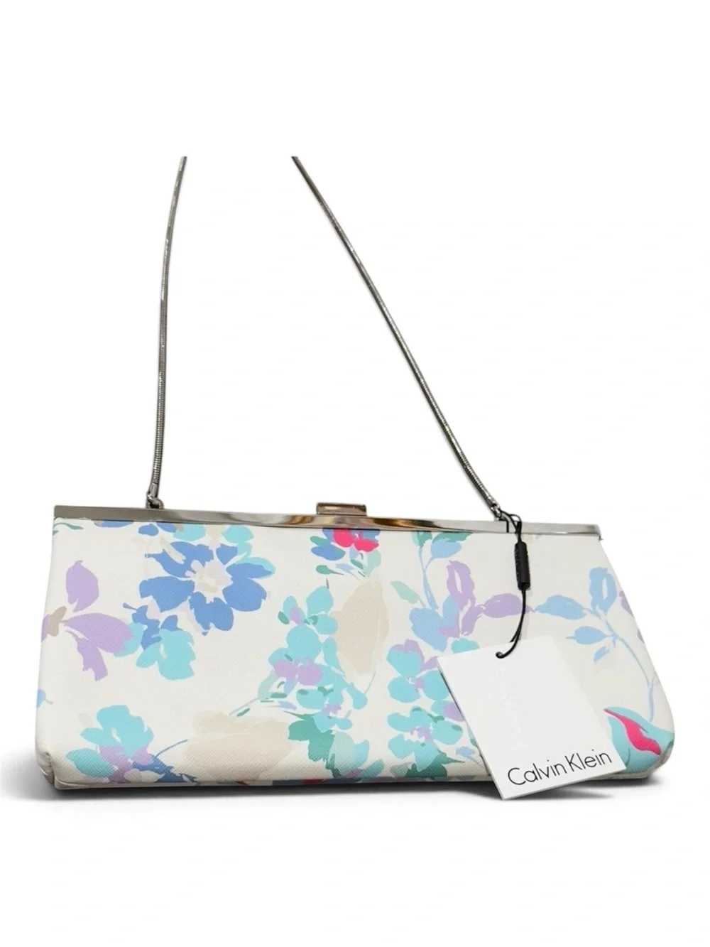 Calvin Klein White Floral Print Chain Strap Clutch